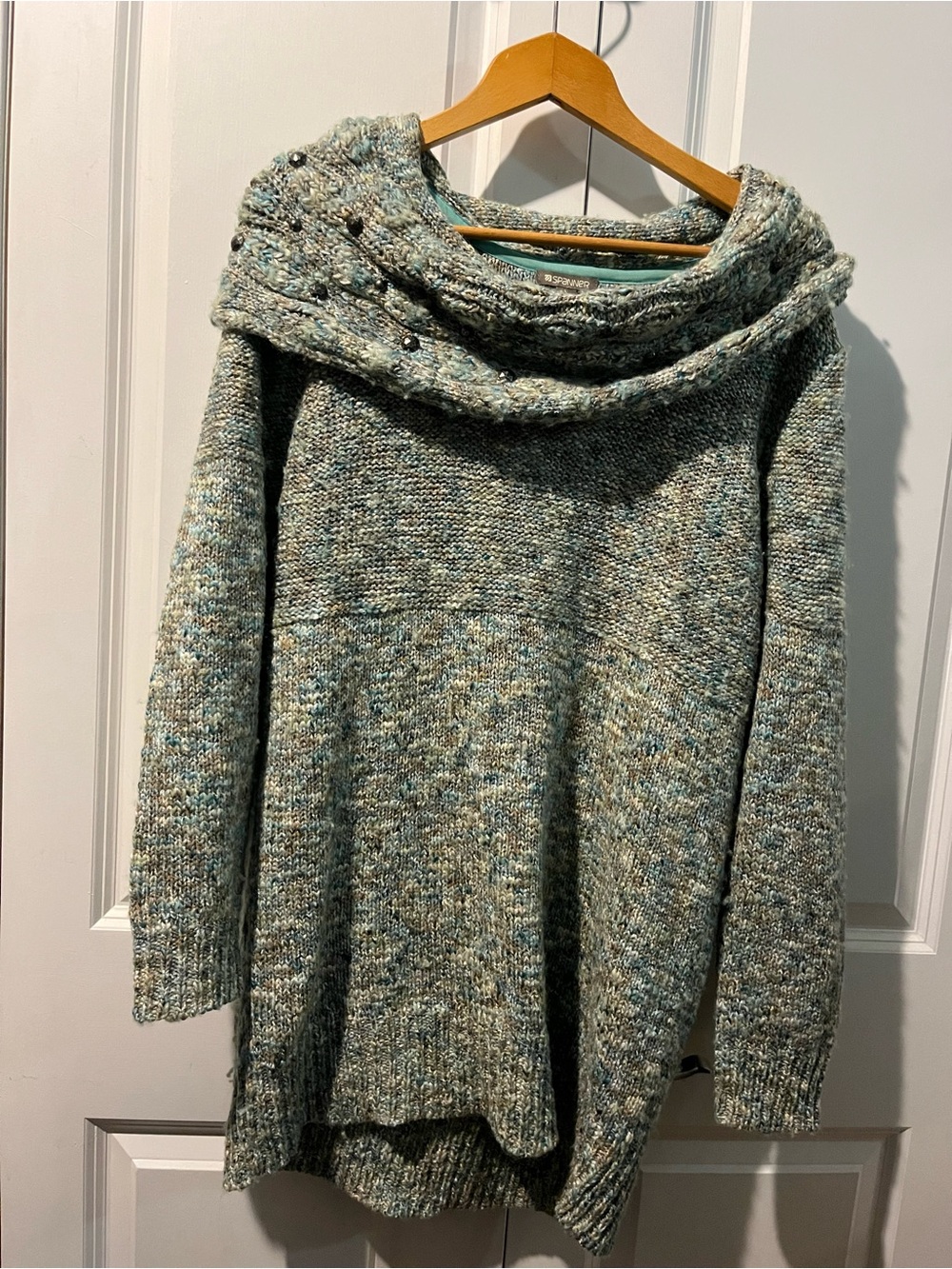 SPANNER Wool Blend Knit Long Sweater/ Dress with Metal Embellished Cowl Neck - Picture 6 of 11